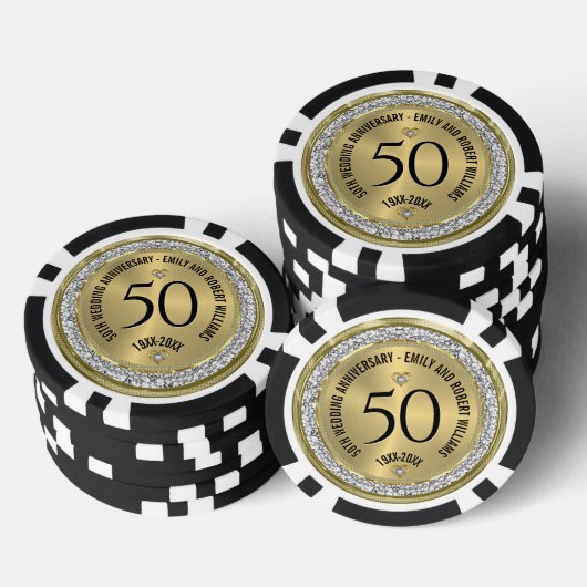 50e bruiloft Jubileum Gold White Diamonds Poker Chips (Opstapeling)