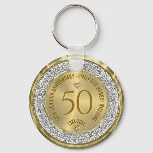 50e bruiloft Jubileum Gold White Diamonds Sleutelhanger (Voorkant)