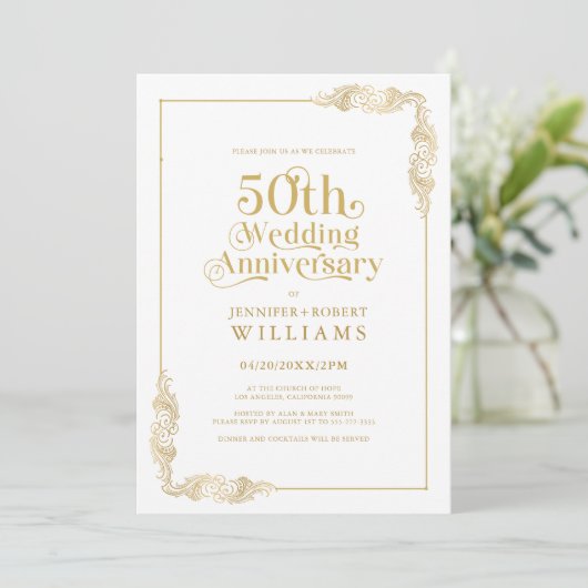 50e bruiloft Jubileum Goud Bloemen Lijst Kaart (Staand voorkant)