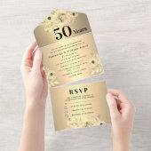 50e bruiloft Jubileum Goud Bloemen Modern All In One Uitnodiging (Afscheurbaar)
