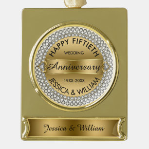 50e bruiloft Jubileum-goud & diamanten Verguld Banner Ornament