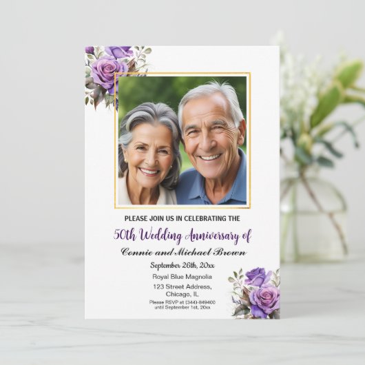 50e bruiloft Jubileum Goud Lijst Paarse Rozen Kaart (Staand voorkant)