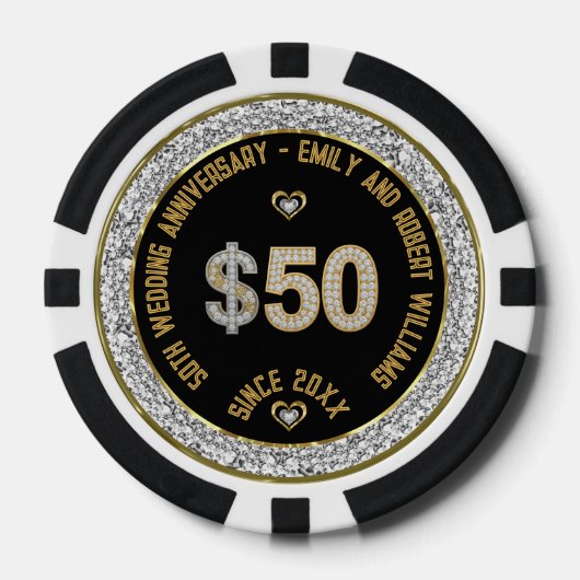 50e bruiloft Jubileum Goud Wit Diamonds Pok Poker Chips (Voorkant)