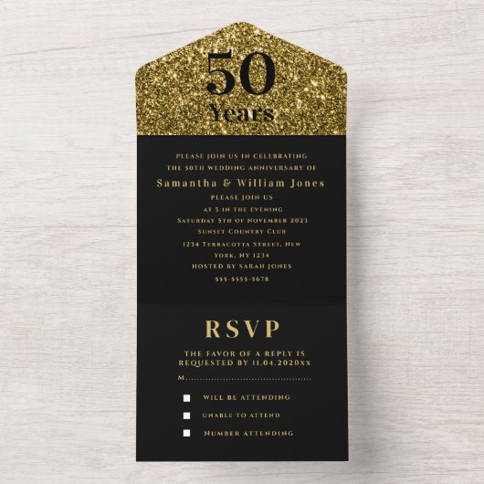 50e bruiloft Jubileum Goud Zwart Modern All In One Uitnodiging (Binnen)