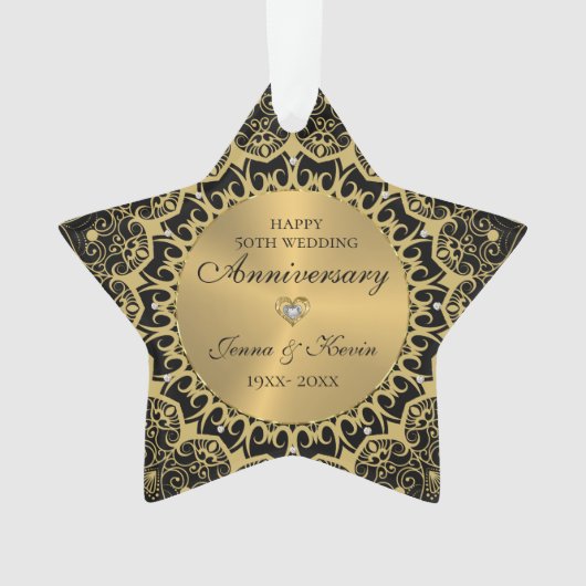 50e bruiloft Jubileum gouden mandala op zwart Ornament (voorkant)