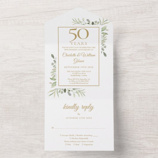 50e bruiloft Jubileum groen goud monogram All In One Uitnodiging (Binnen)