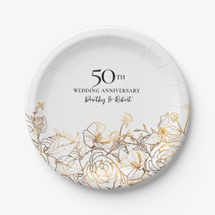 50e bruiloft Jubileum Party Goud Wit Bloemen Papieren Bordje