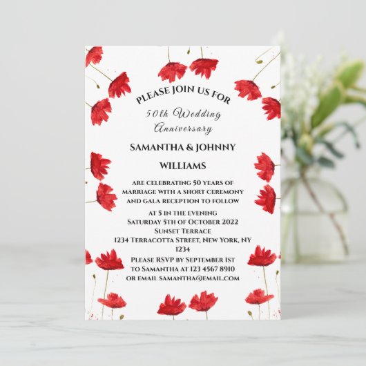 50e bruiloft Jubileum Poppies Bloemen Rustiek Kaart (Staand voorkant)