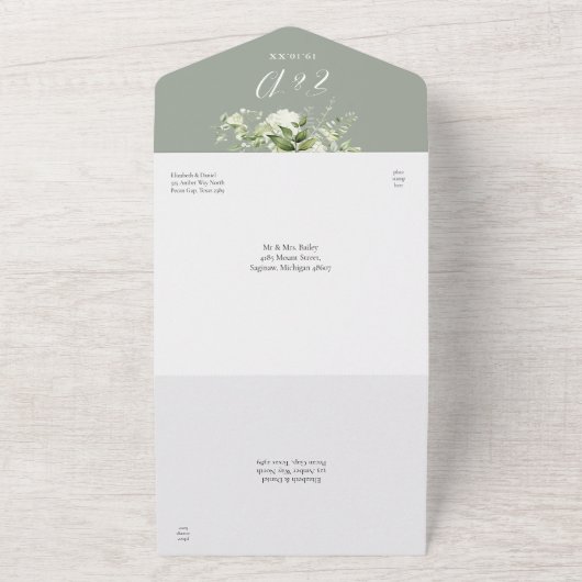 50e bruiloft Jubileum Sage Groene Bloemen All In One Uitnodiging (Buitenkant)