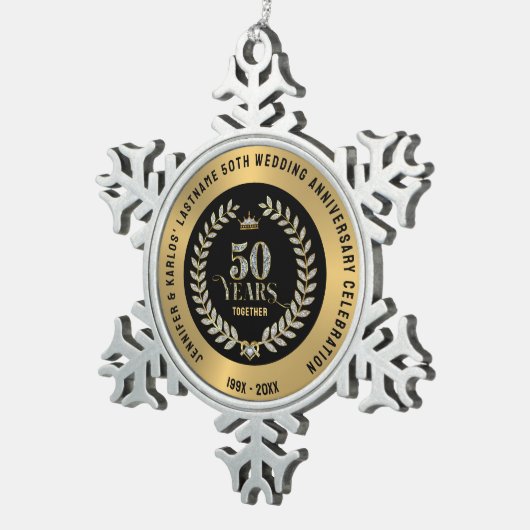 50e bruiloft Jubileum Sparkling Laurel Wreath Tin Sneeuwvlok Ornament (Rechts)