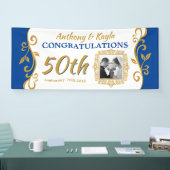 50e bruiloft Jubileum Voeg je foto Blauw goud toe Spandoek (Beurs)