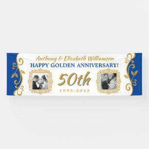 50e bruiloft Jubileum Voeg je foto's Blauw goud to Spandoek