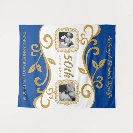 50e bruiloft Jubileum Voeg je foto's Blauw goud to Wandkleed (Voorkant (horizontaal))