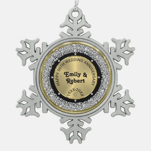 50e bruiloft Jubileum wit diamanten & goud Tin Sneeuwvlok Ornament (Voorkant)