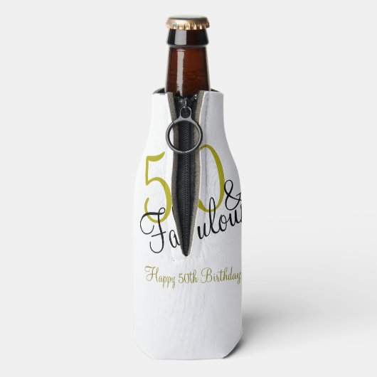 50e en Fabulous Birthday, Trendy Gold en Black Flesjeskoeler (Fles Achterkant)