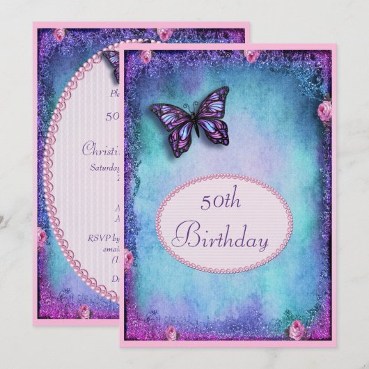 50e Faux Glitter, Butterfly, Rozen & kant Kaart (Voorkant / Achterkant)