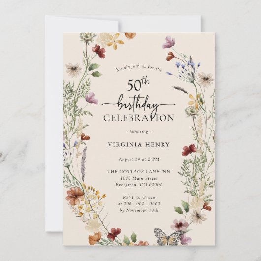 50e Floral Birthday Invitation Kaart (Voorkant)