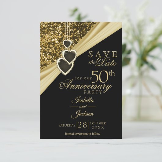 50e Gold Glitter-Jubileum - Bewaar de datum Save The Date (Staand voorkant)
