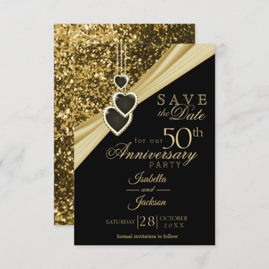 50e Gold Glitter-Jubileum - Bewaar de datum Save The Date (Voorkant / Achterkant)