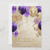 50e Gold Purple Ballons Invitation de fête d'anniv (Devant)
