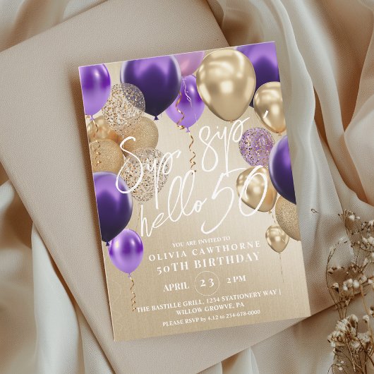 50e Gold Purple Ballons Invitation de fête d'anniv