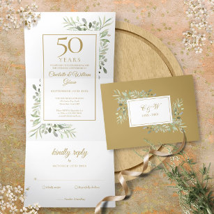 50e Golden Jubileum Wedding Greenery Floral Drieluik Uitnodiging