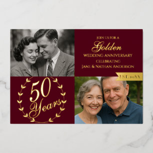 50e Golden Wedding Jubileum Bourgondië Foto Folie Uitnodiging