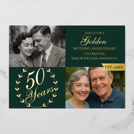 50e Golden Wedding Jubileum Groene Foto Folie Uitnodiging (Voorkant)