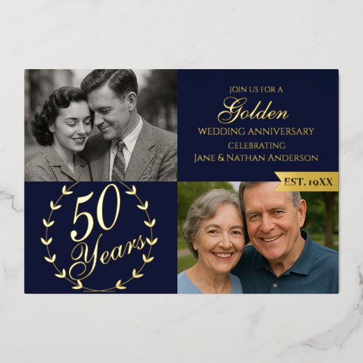 50e Golden Wedding Jubileum Navy foto Folie Uitnodiging (Voorkant)