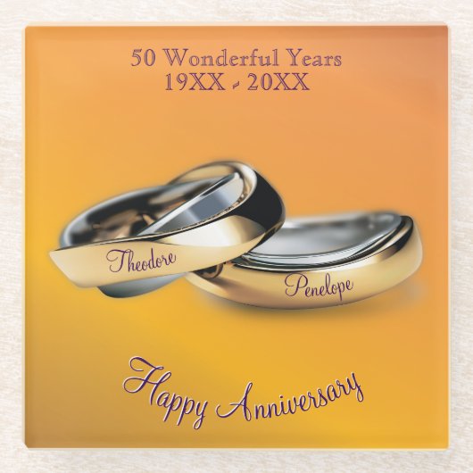 50e ✨💛 Golden Wedding Rings Jubileum Glazen Onderzetter (Voorkant)
