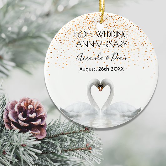 50e gouden trouwdag witte zwanen keramisch ornament