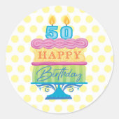 50e Happy Birthday Cake Yellow Stippen Ronde Sticker (Voorkant)