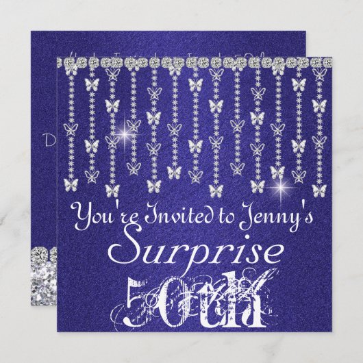 50e Invitation BLEUE à papillon surprise (Devant / Derrière)