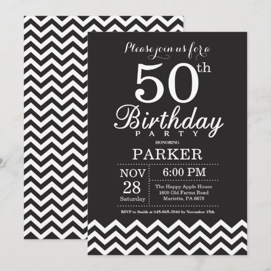 50e Invitation d'anniversaire Chevron noir et blan (Devant / Derrière)