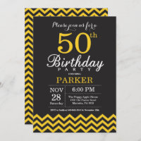 50e Invitation d'anniversaire Chevron noir et jaun