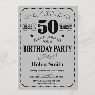 50e Invitation d'anniversaire Gris noir et argenté