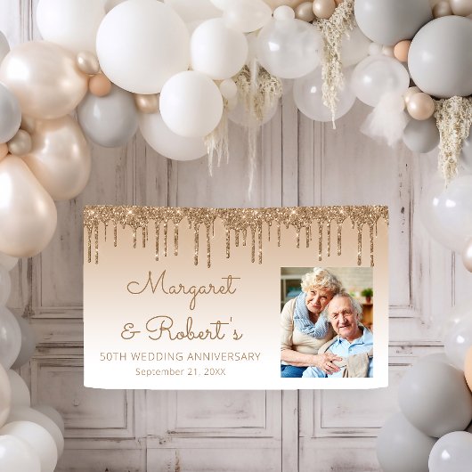 50e Jubileum Aangepaste foto Gold Glitter Drip Spandoek