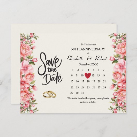 50e Jubileum Bloemen De Datumkalender Aankondigingskaart (Voorkant / Achterkant)