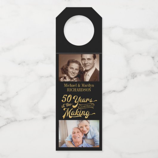 50e Jubileum Dan en nu Foto's zwart en goud Flessenhanger (Voorkant)
