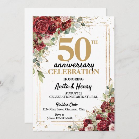 50e Jubileum Deep Red & Gold Lijst Rozen Kaart (Voorkant / Achterkant)