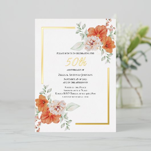 50e Jubileum Floral Wreath Folie Uitnodiging (Staand Voorkant)