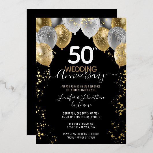 50e Jubileum Gold Balloons Uitnodigingen (Voorkant / Achterkant)
