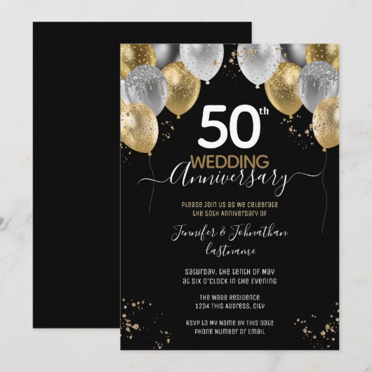 50e Jubileum Gold Balloons Uitnodigingen (Voorkant / Achterkant)