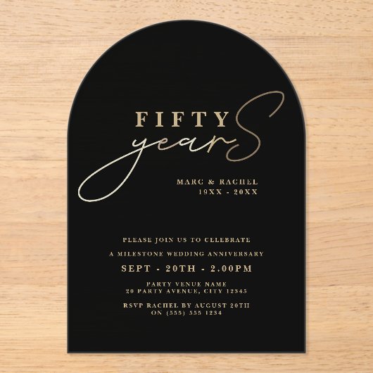 50e Jubileum Gold Black voor bruiloft Acryl Uitnodigingen (Voorkant)