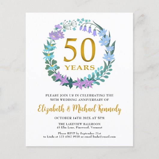50e Jubileum Golden Floral Wreath Invitation (Voorkant)