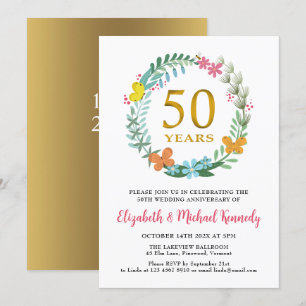 50e Jubileum Golden Floral Wreath Invitation Kaart