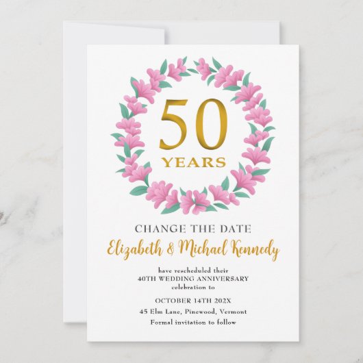 50e Jubileum Golden Pink Floral Change Date Kaart (Voorkant)