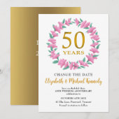 50e Jubileum Golden Pink Floral Change Date Kaart (Voorkant / Achterkant)