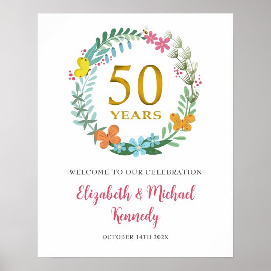 50e Jubileum Golden Welcome Floral Wreath Sign Poster (Voorkant)