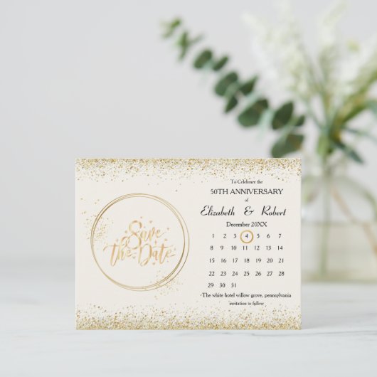 50e Jubileum gouden bruiloft de datum kalender Aankondigingskaart (Staand voorkant)